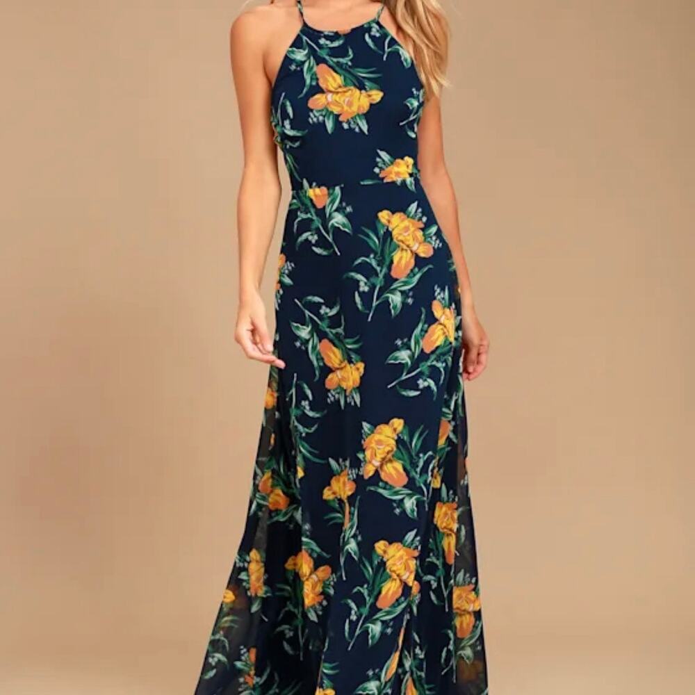 LULUS Adventure Seeker Size XS Navy Blue & Yellow Floral Print Maxi Dress
